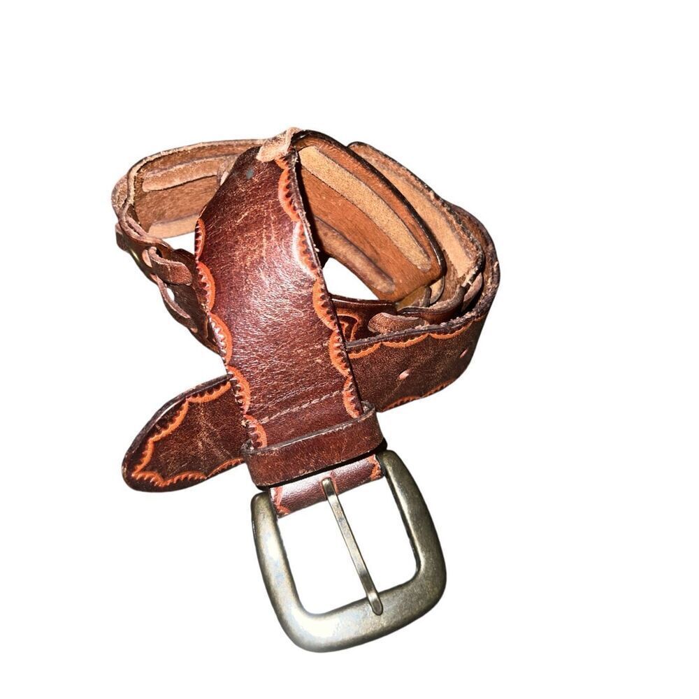 ✨Fossil Embossed Leather Belt Square Patchwork Brown Solid Brass Buckle Large✨